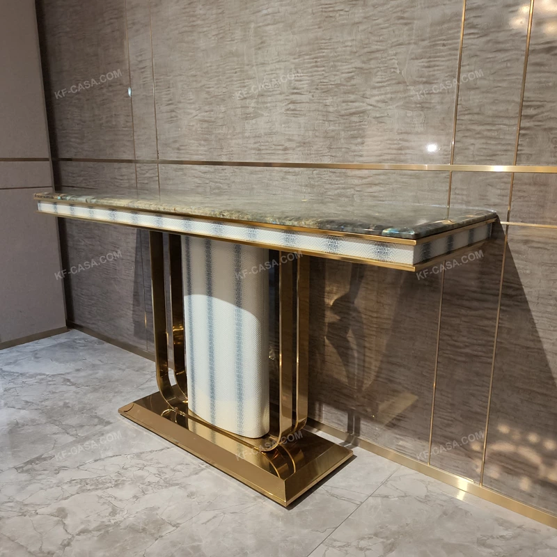 Green Marble Console Table with Curved Stainless Steel Frame and Patterned Leather Pillar